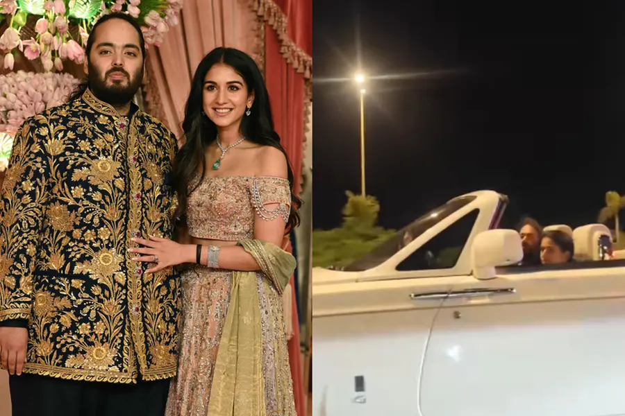Anant Ambani driving a luxury Rolls Royce convertible with Radhika Merchant on the Mumbai Sea Link at night