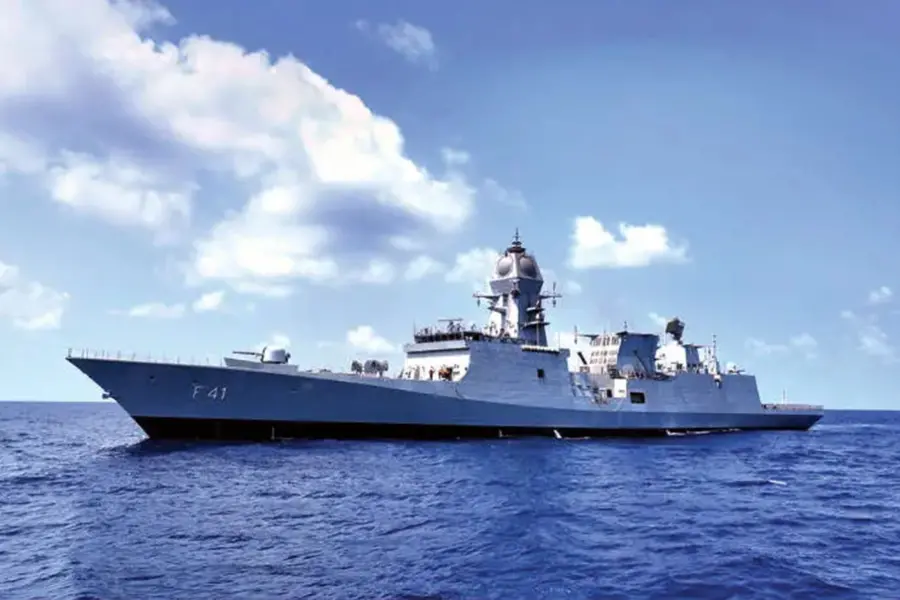 The majestic INS Taragiri stealth frigate sailing through the deep blue waters during its sea trials