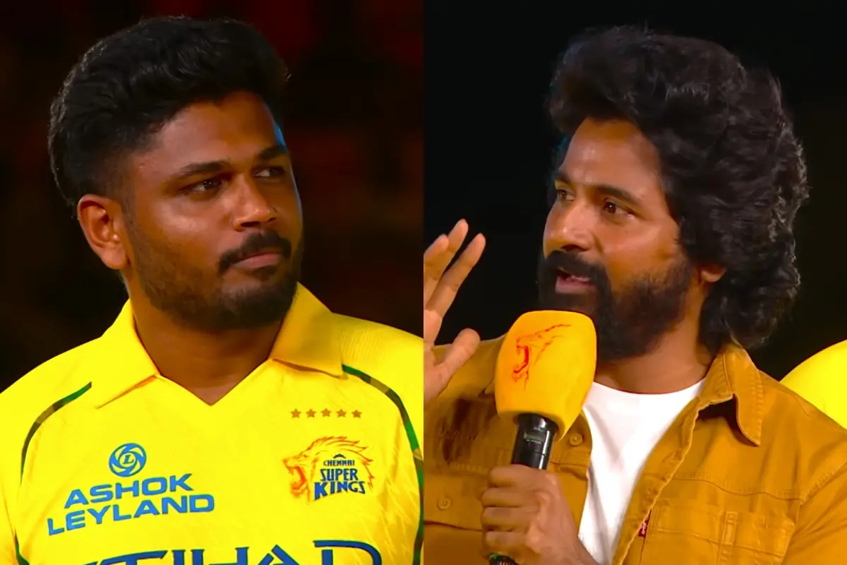 സഞ്ജു സാംസൺ, ശിവകാർത്തികേയൻ | Photo: Screen grab/ YouTube: Chennai Super Kings