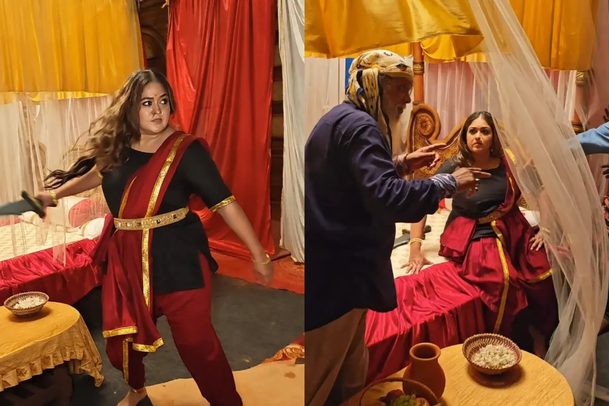 മേഘ്ന രാജ് ഷൂട്ടിങ്ങിനിടെ, മേഘ്ന രാജും അഷറഫ് ഗുരുക്കളും | Photo: Special Arrangement
