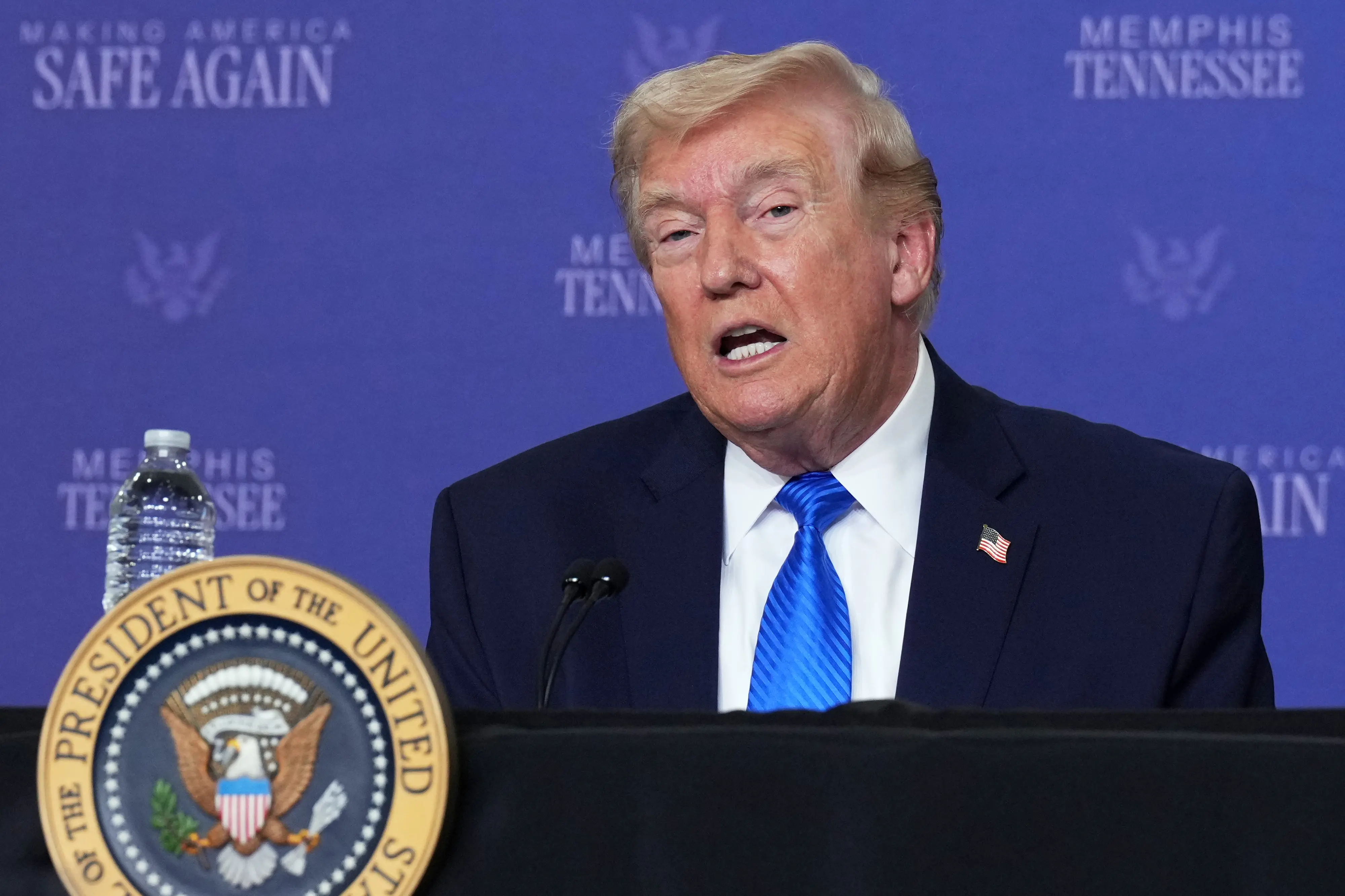 President Donald Trump participates in a roundtable discussion on public safety at a Tennessee Air National Guard Base, Monday | AP