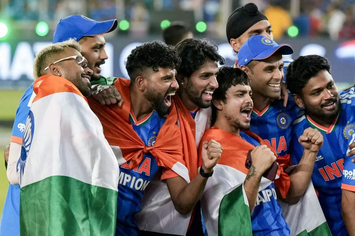 India's players celebrate after winning the ICC Men's T20 World Cup 2026 at Narendra Modi Stadium in Ahmedabad. | Photo: PTI
