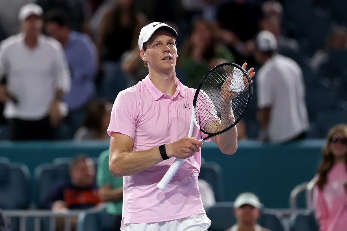 Jannik Sinner of Italy celebrates his win against Corentin Moutet of France on Day 7 of the Miami Open Presented by Itau at Hard Rock Stadium | Photo: Getty Images via AFP