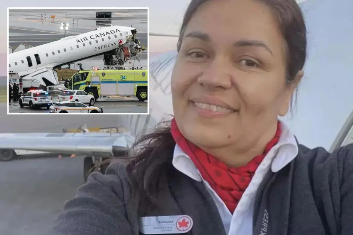 Solange Tremblay, the Air Canada flight attendant who miraculously survived after being thrown nearly 330 feet during the LaGuardia runway crash, with an inset showing the damaged aircraft after the collision.
