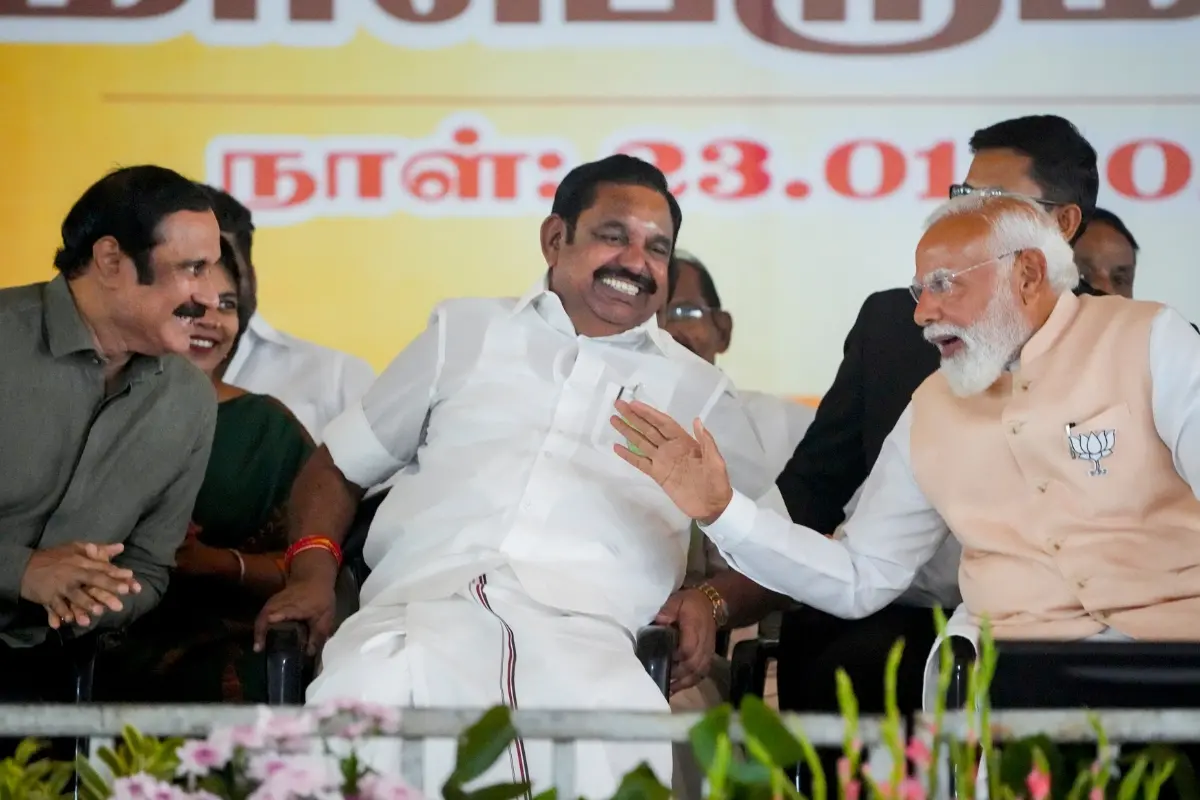 Prime Minister Narendra Modi with AIADMK General Secretary Edappadi K. Palaniswami and Pattali Makkal Katchi (PMK) President Anbumani Ramadoss during a rally to launch NDA's campaign for the upcoming Assembly election in Tamil Nadu.| File image: PTI