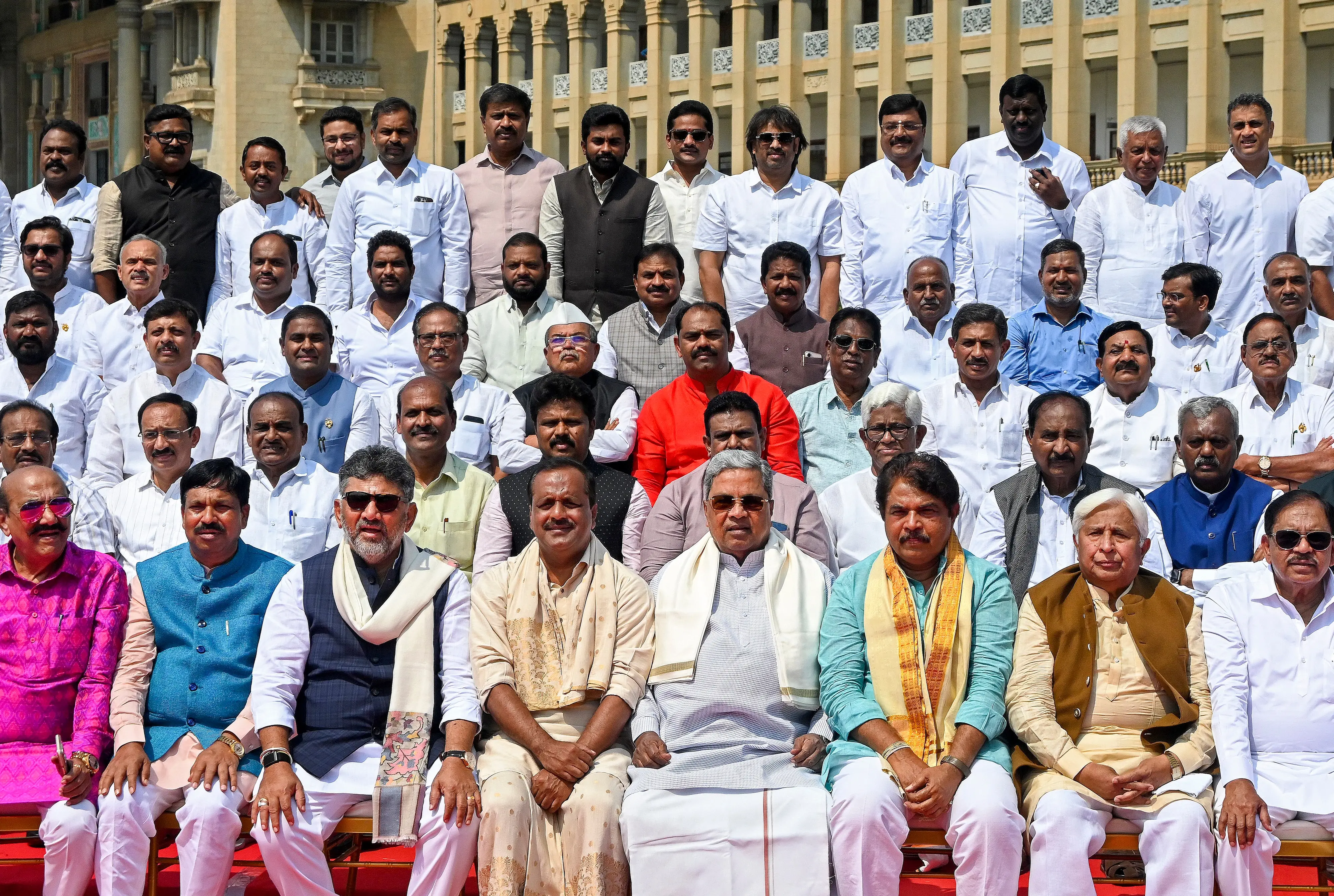 Karnataka Assembly Speaker UT Khader, Chief Minister Siddaramaiah, Deputy CM DK Shivakumar, Leader of Opposition in the Assembly R Ashok, and pose for a group photograph during the state Assembly Budget session