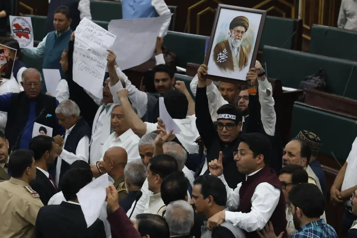 NC MLAs stage a protest and chant slogans inside the J&K assembly against the killing of Iranian Supreme Leader Ayatollah Ali Khamenei and the US-Israel vs Iran conflict.