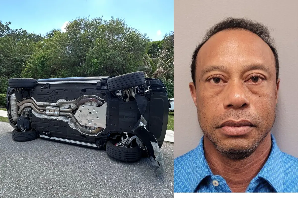 This photo (L) provided by the Martin County Sheriff's Office shows the overturned vehicle in a rollover crash which involved Tiger Woods | Photo: AP