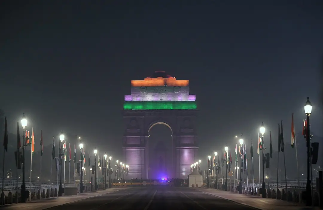 India Gate illuminates in tricolour on the eve of the 75th Republic Day | Photo: ANI