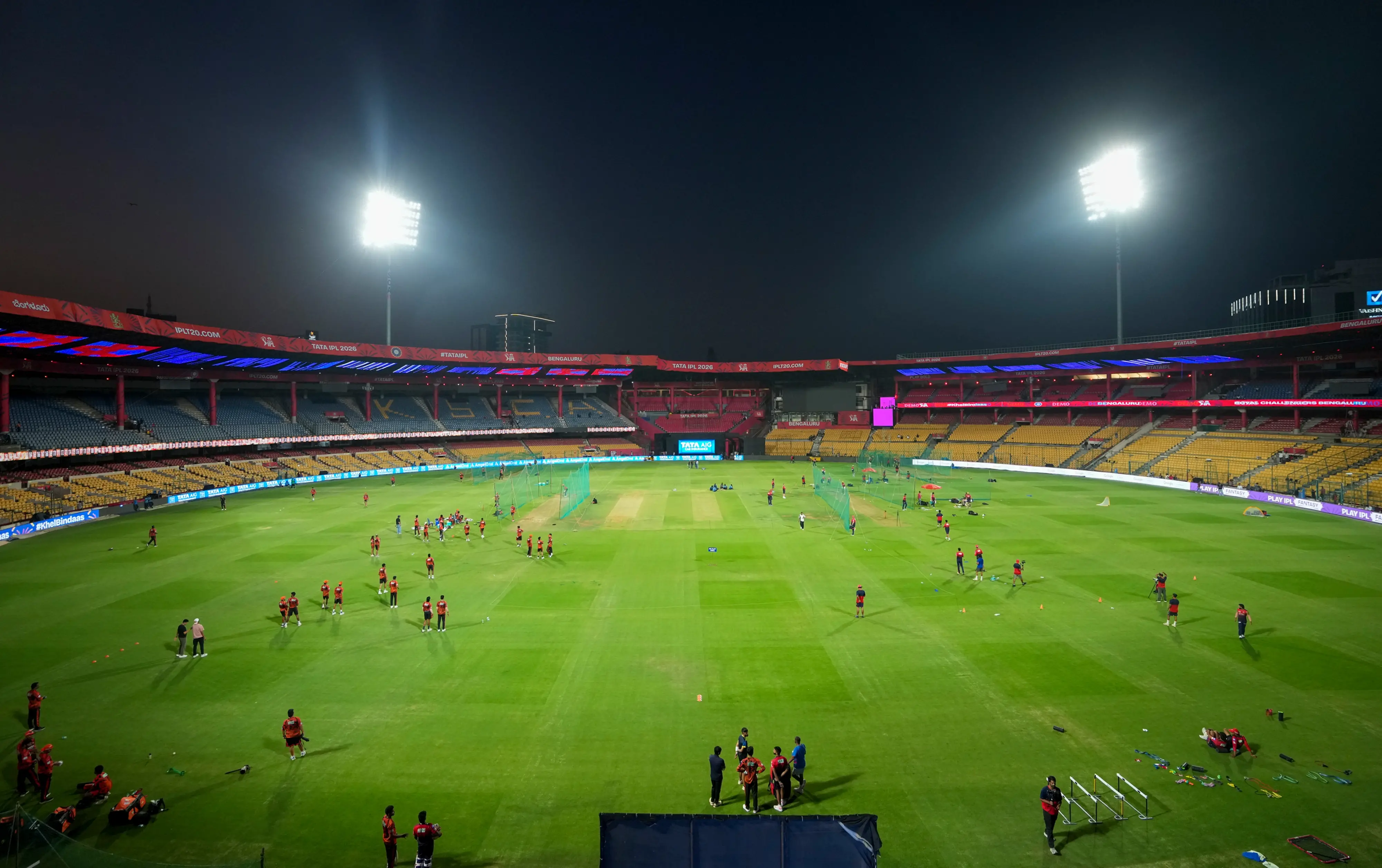 Royal Challengers Bengaluru's players during a practice session ahead of the IPL 2026 cricket match against Sunrisers Hyderabad at M. Chinnaswamy Stadium | PTI
