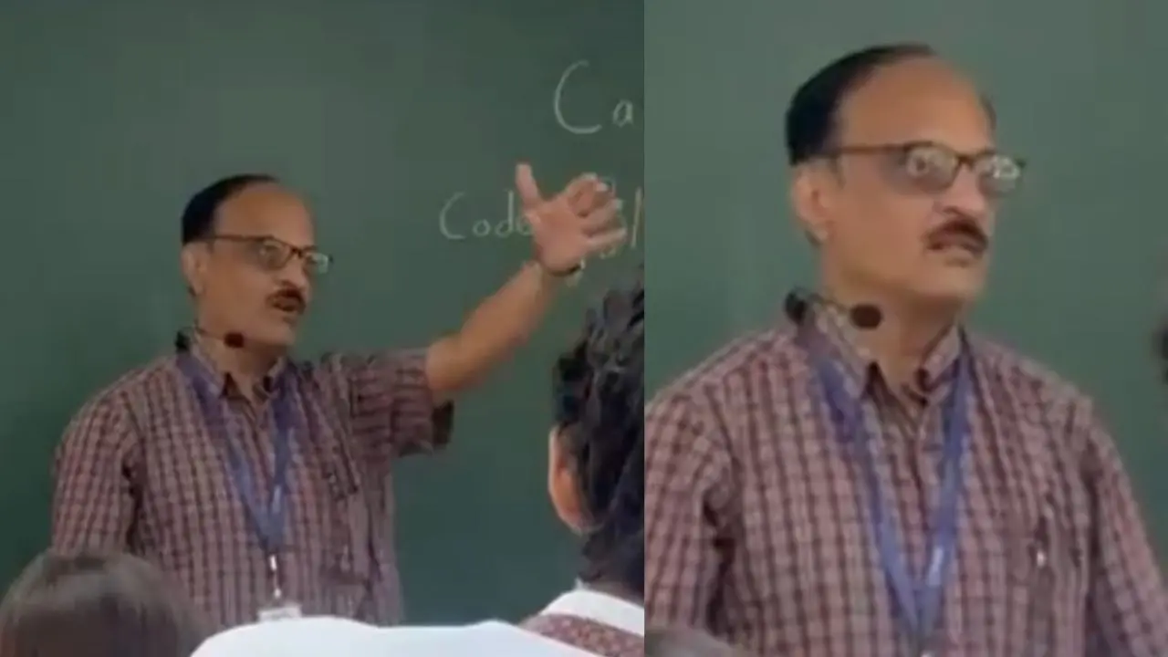 ക്ലാസ് മുറിയിൽ വിദ്യാർഥിയെ അധിക്ഷേപിക്കുന്ന മുരളീധർ ദേശ്പാണ്ഡെ | Image credit: @prajwaldza X