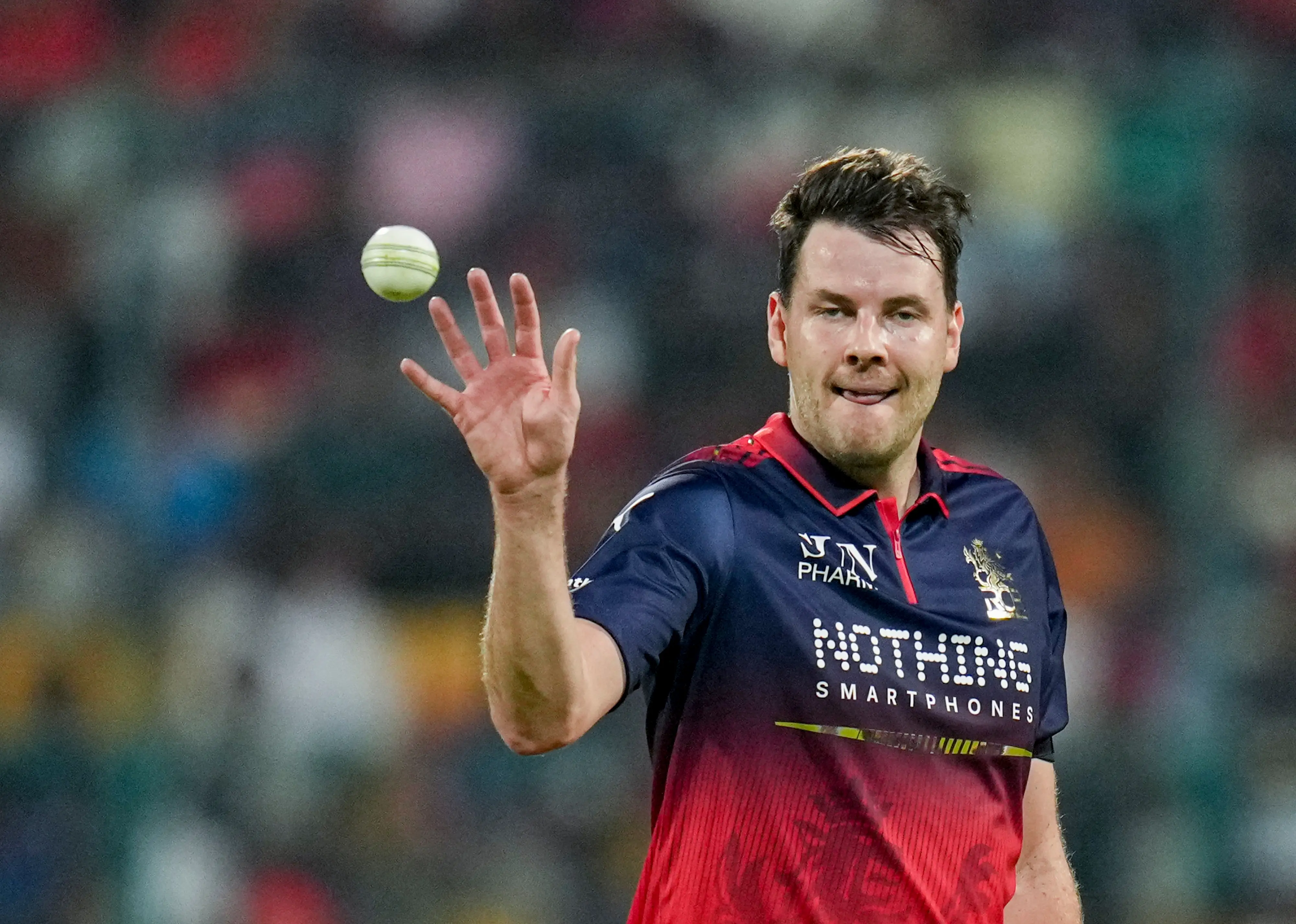 Royal Challengers Bengaluru's Jacob Duffy during an Indian Premier League (IPL) 2026 T20 cricket match between Royal Challengers Bengaluru and Sunrisers Hyderabad | PTI