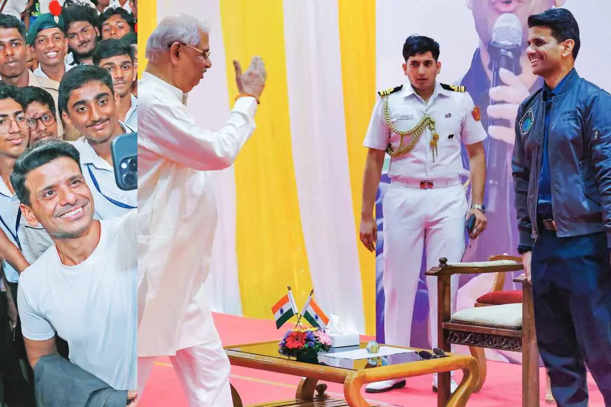 1. ശുഭാംശു ശുക്ല വിദ്യാര്ഥികള്ക്കൊപ്പം 2. ശുഭാംശു ശുക്ലയെ സല്യൂട്ട് ചെയ്യുന്ന ഗവര്ണര് വിശ്വനാഥ് ആര്ലേക്കര്. ഫോട്ടോ - മാതൃഭൂമി