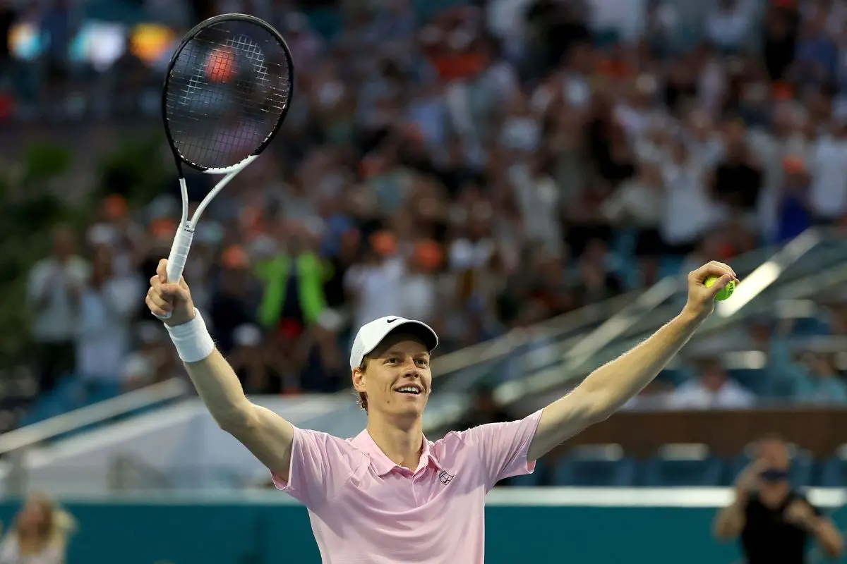 Jannik Sinner of Italy celebratres match point against Jiri Lehecka of Czechia during the Men's Singles Final of the Miami Open Presented by Itau at Hard Rock Stadium on March 29, 2026 in Miami Garden (Photo: AFP)
