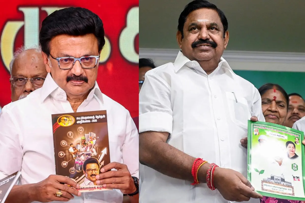 M K Stalin and Edappadi K Palaniswami holding TN Assembly Election Manifesto 2026 | Photo: PTI