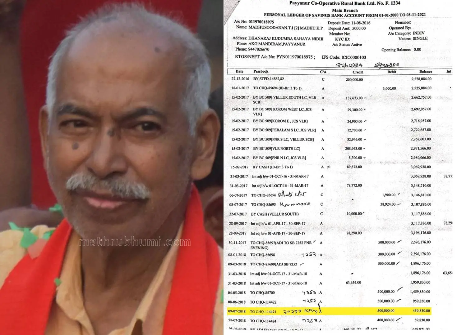 വി. കുഞ്ഞികൃഷ്ണൻ, ഫെയ്സ്ബുക്കിൽ പങ്കുവെച്ച രേഖ | Photo: Mathrubhumi, https://www.facebook.com/kunhikrishnan.vannadil.3