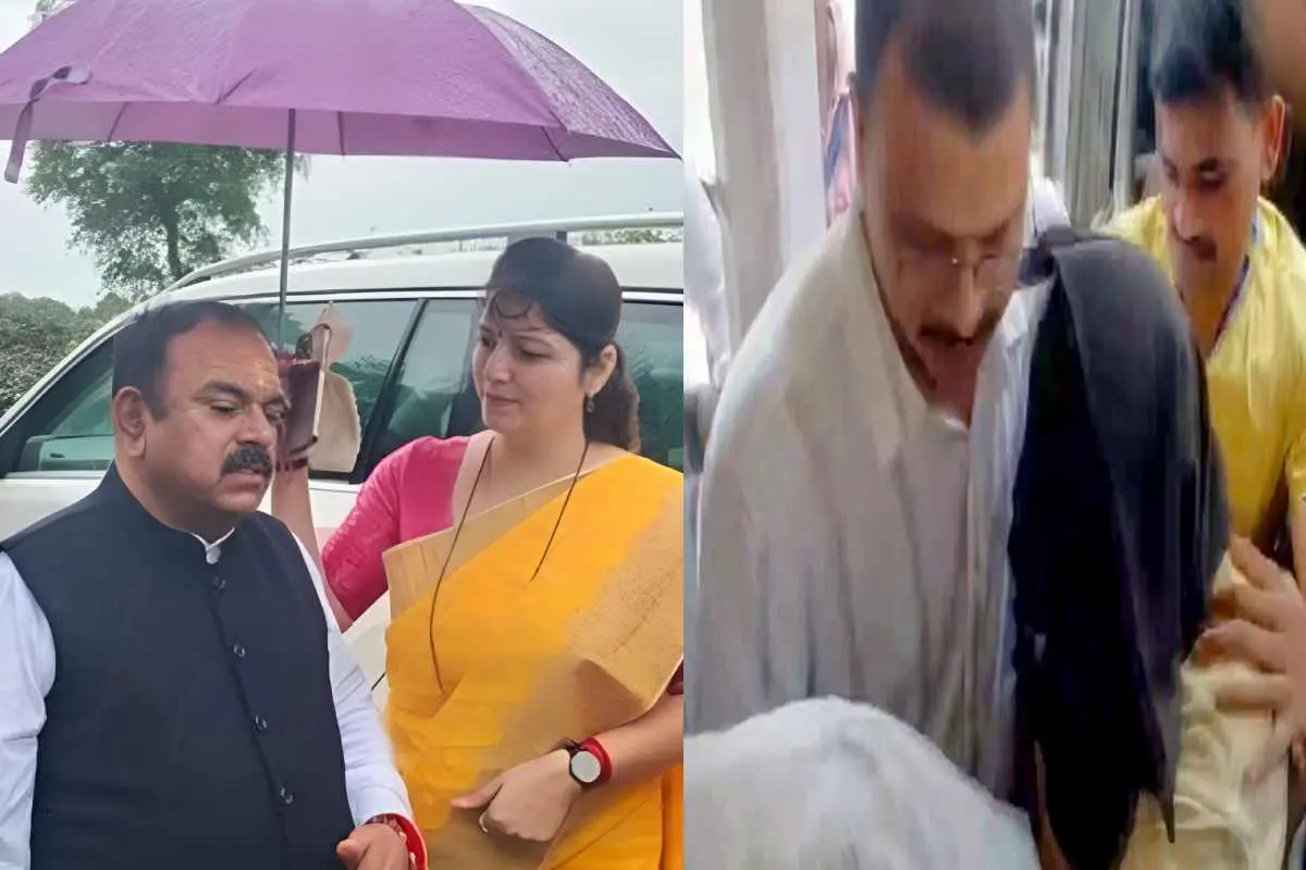 അശോക് ഖരാത് എന്‍സിപി നേതാവ് രൂപാലി ചകങ്കറിനൊപ്പം(ഇടത്ത്) അശോക് ഖരാത്തിനെ കോടതിയില്‍നിന്ന് കൊണ്ടുവരുന്ന ദൃശ്യം(വലത്ത്) | Photo: x.com/xzx_slipknot & ANI