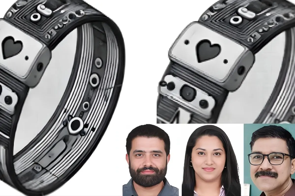 A wearable band to be fitted on the wrist of a person suspected of a crime. Inset: Mebin Wilson Thomas, Anjana P Nair, and Dr Santosh K Rajan | Photo: Mathrubhumi
