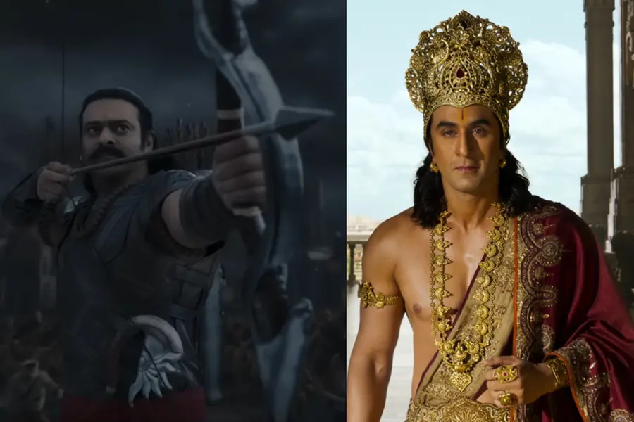 A visual comparison of a scene from Ranbir Kapoor’s 'Ramayana' teaser and Prabhas’ 'Adipurush', highlighting the ongoing VFX debate on social media.