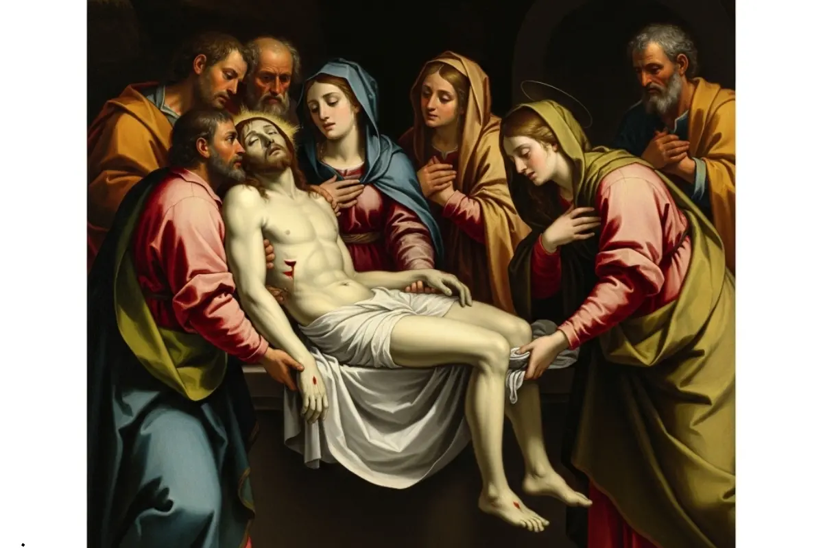 A classical representation of the faithful mourning the body of Jesus following the Crucifixion. The scene, traditionally commemorated on Good Friday, depicts the period of grief and reflection preceding the Easter Resurrection
