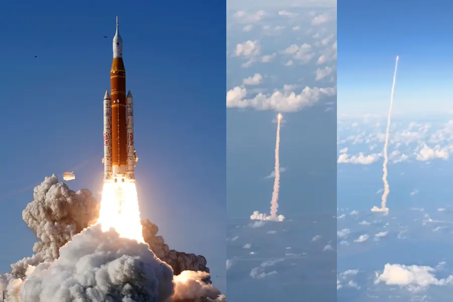 A stunning still from the viral video showing the fiery trail of the SLS rocket piercing through the clouds, as seen from an airplane window.
