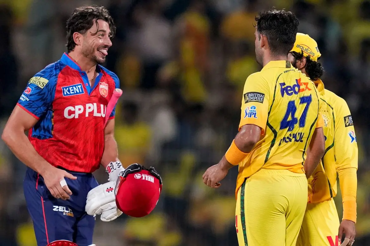 Punjab Kings' Marcus Stoinis celebrates after PBKS beat CSK in Chennai on April 3, 2026. (PTI Photo/R Senthilkumar)