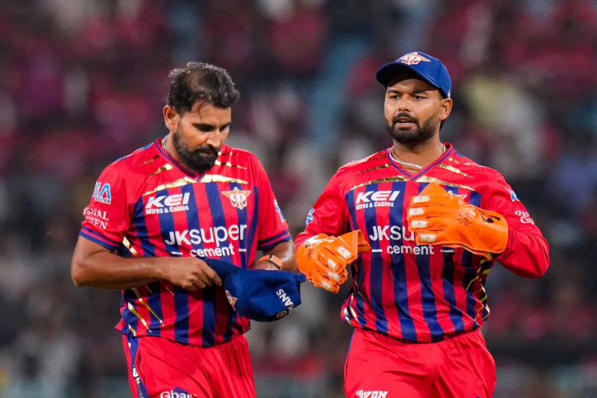 Lucknow Super Giants' captain Rishabh Pant, right, with Mohammed Shami during the Indian Premier League (IPL) 2026 cricket match between Lucknow Super Giants and Delhi Capitals, at Ekana Stadium in Lucknow. | Photo: PTI