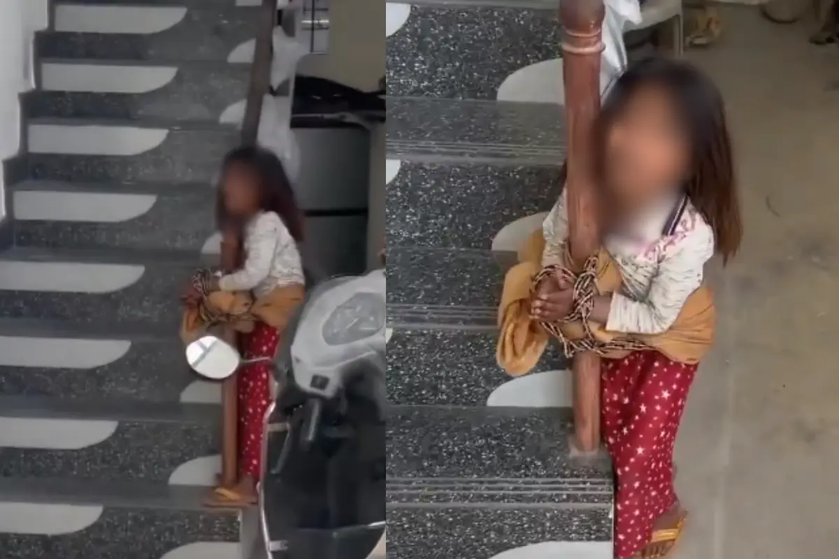Video grab shows a six-year-old girl tied to a staircase in Himachal Pradesh's Una district