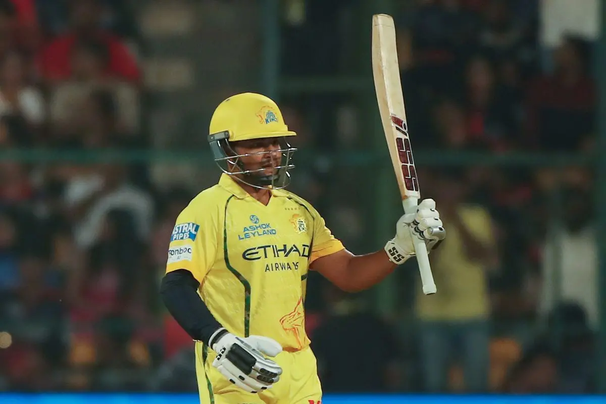 Chennai Super Kings' Sarfaraz Khan celebrates his half-century during the Indian Premier League 2026 match against Royal Challengers Bengaluru at M.Chinnaswamy Stadium in Bengaluru. | Photo: ANI