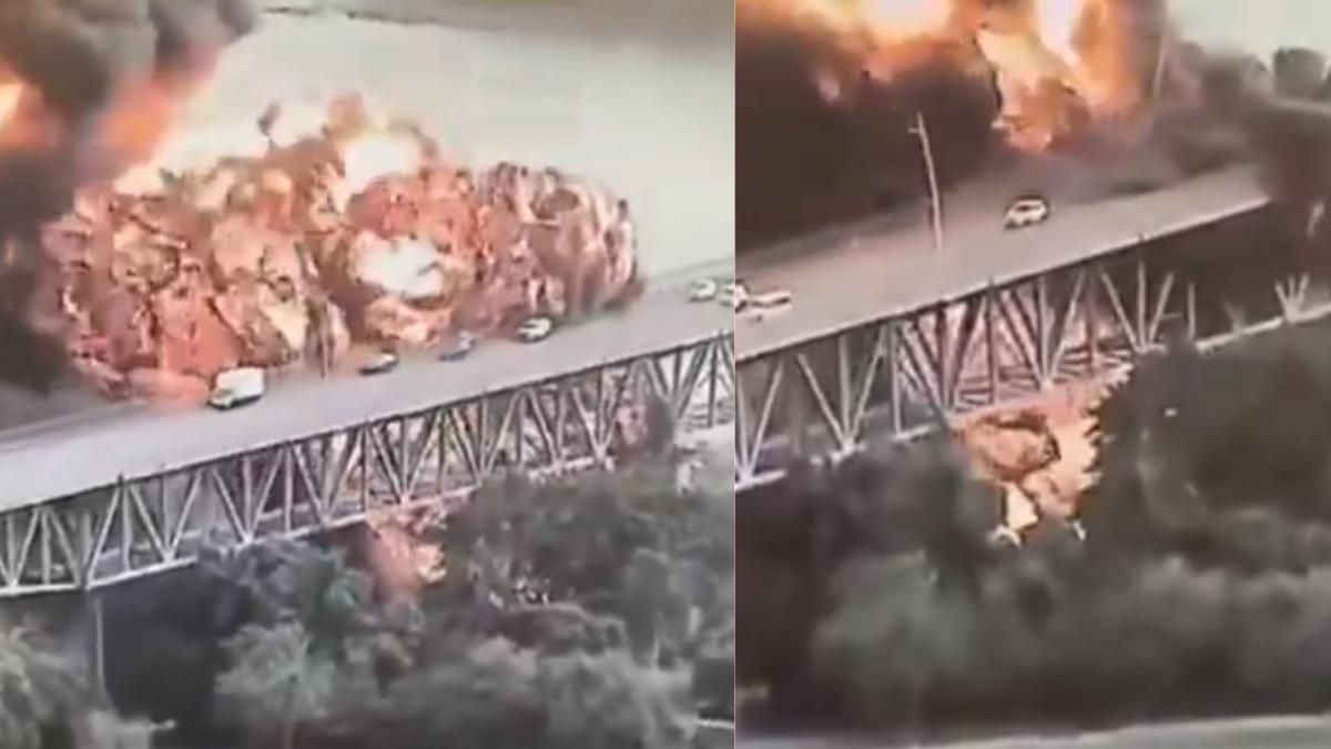 Massive blast near Panama Canal bridge caught on camera; cars seen fleeing flames