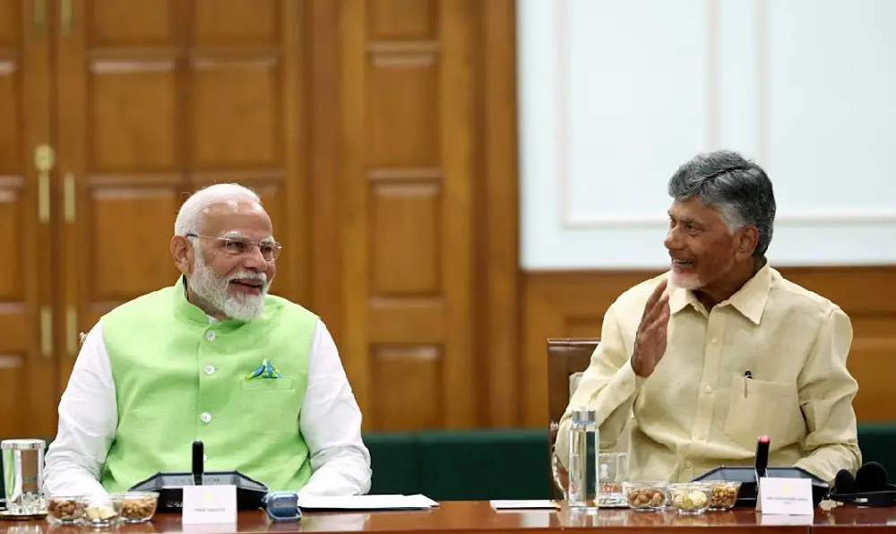 Narendra Modi and TDP chief N. Chandrababu Naidu during the NDA leaders meeting | ANI