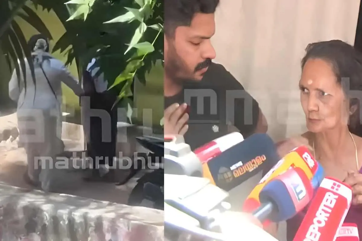 കോണ്ഗ്രസ് പുറത്തുവിട്ട വീഡിയോയിലെ ദൃശ്യം(ഇടത്ത്) വയോധികയും മകനും മാധ്യമങ്ങളോട് സംസാരിക്കുന്നു(വലത്ത്) | Screengrab: Mathrubhumi News