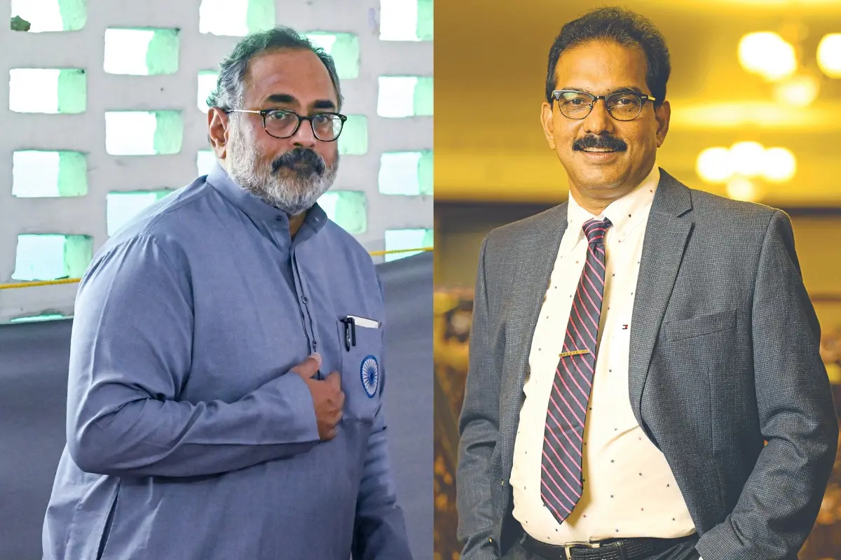 Kerala BJP President Rajeev Chandrasekhar and chief coordinator of Twenty20 MD Sabu M Jacob.| File image: PTI