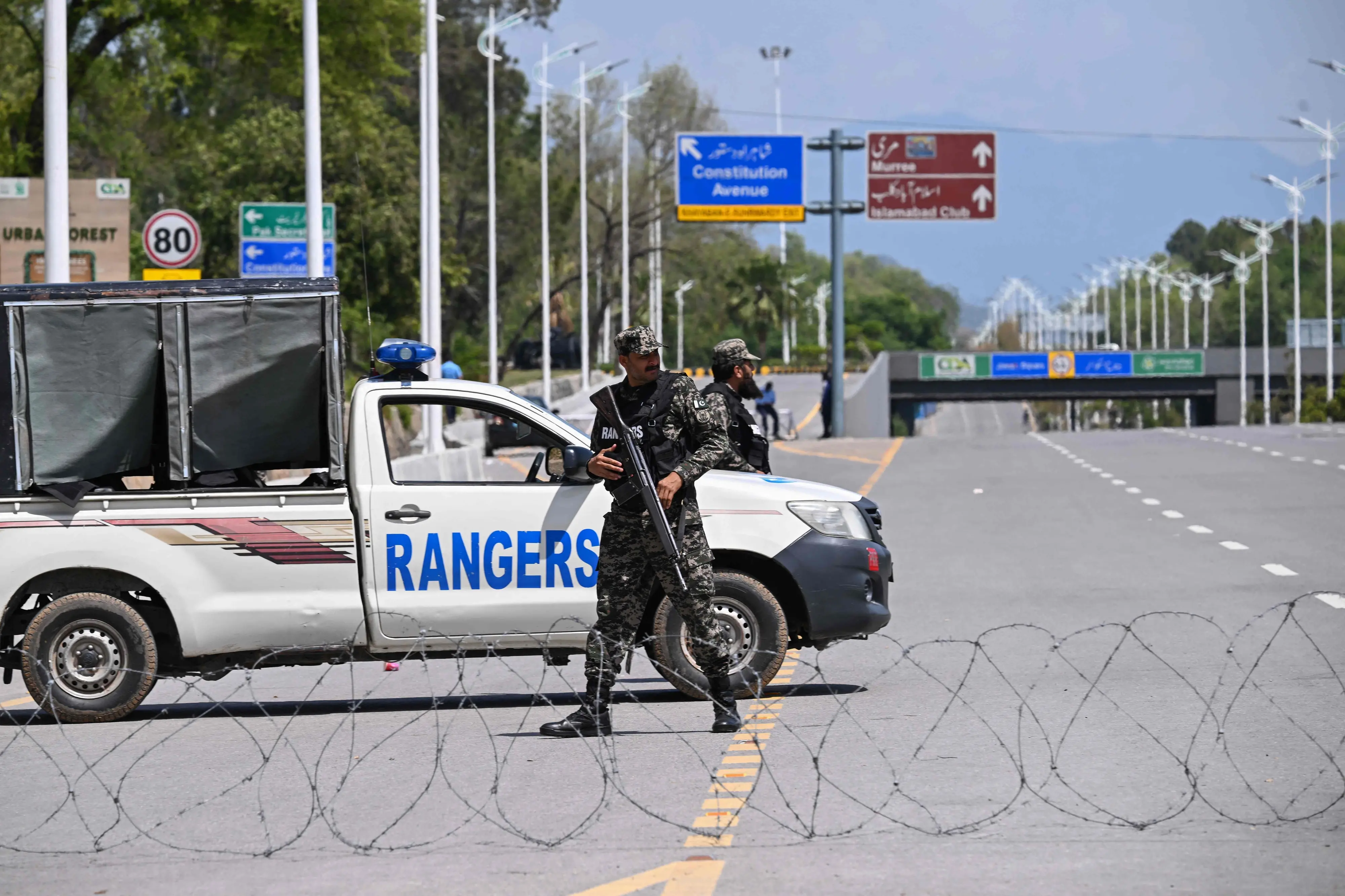 Pakistani Rangers stand guard near the expected venue of the US-Iran talks | AFP