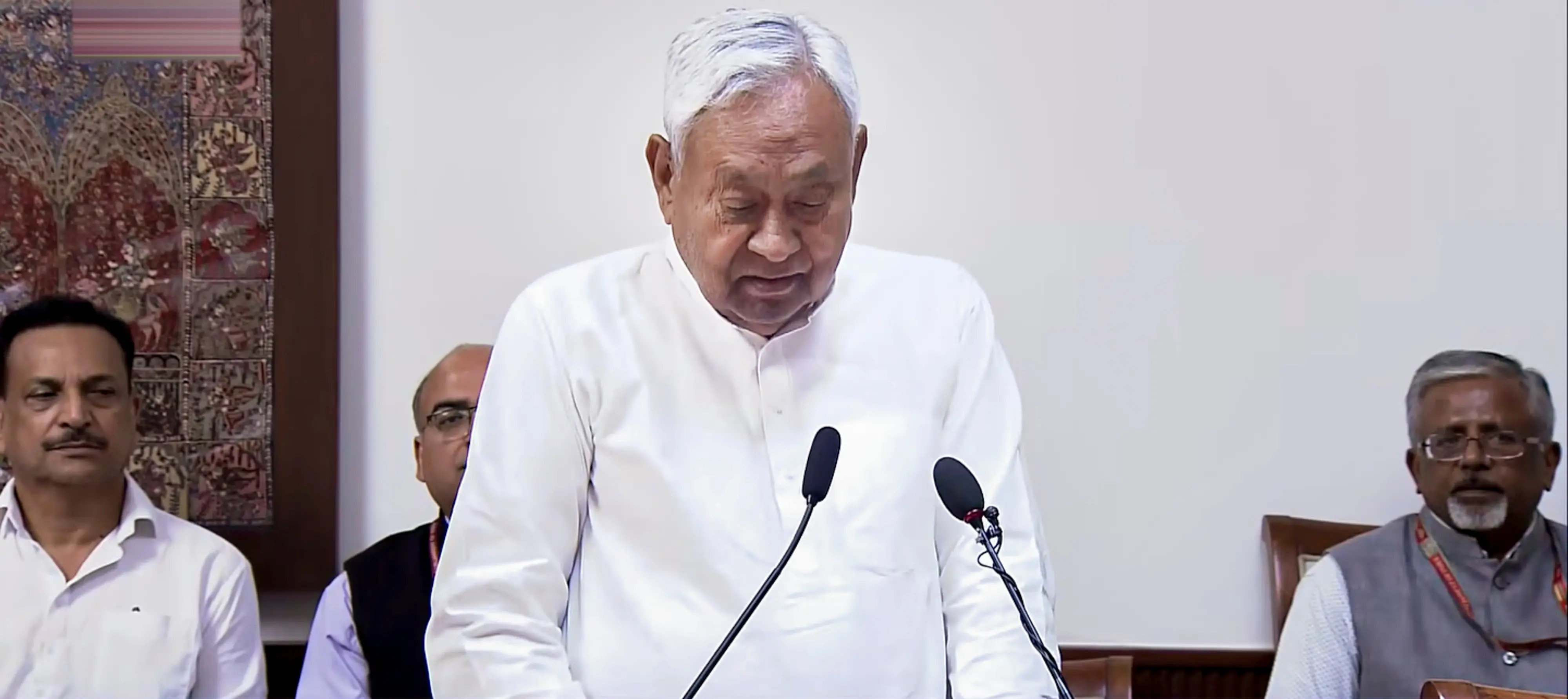 Nitish Kumar takes oath as a Rajya Sabha member | Photo: PTI