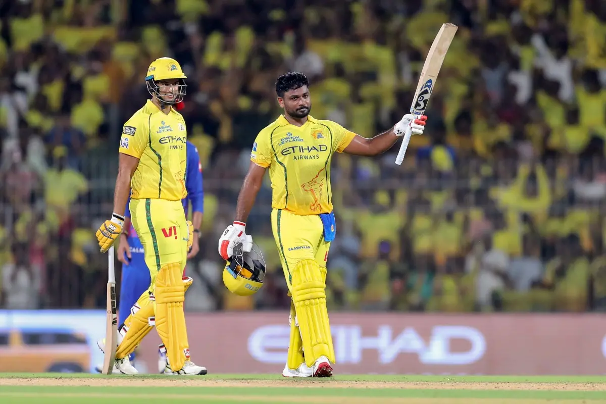 Chennai Super Kings' Sanju Samson celebrates his century during the Indian Premier League 2026 match against Delhi Capitals at MA Chidambaram Stadium in Chennai. | Photo: ANI