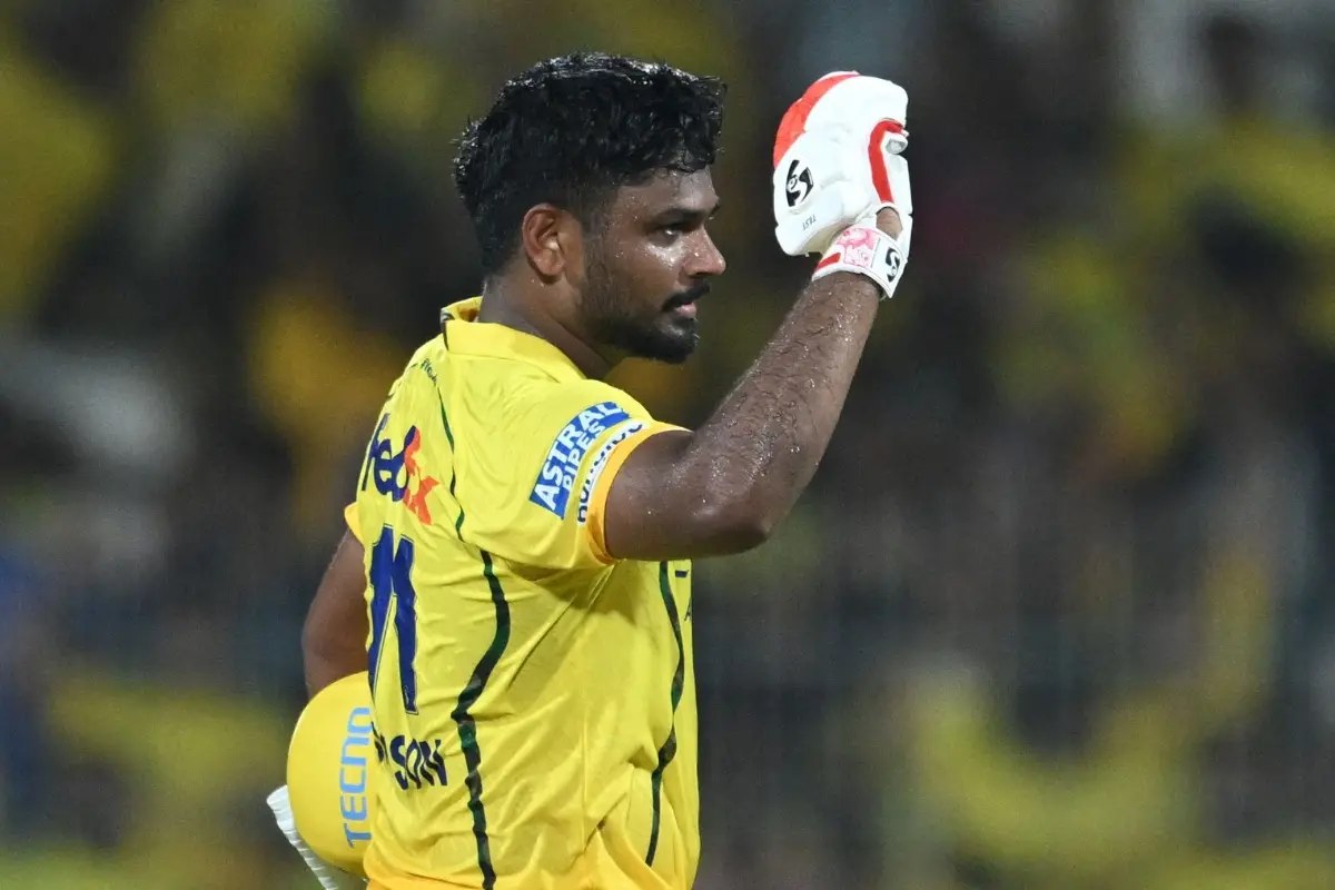 Chennai Super Kings' Indian cricket player Sanju Samson celebrates after scoring a century (100 runs) during the 2026 Indian Premier League (IPL) T20 match between Chennai Super Kings and Delhi Capitals | Photo: AFP