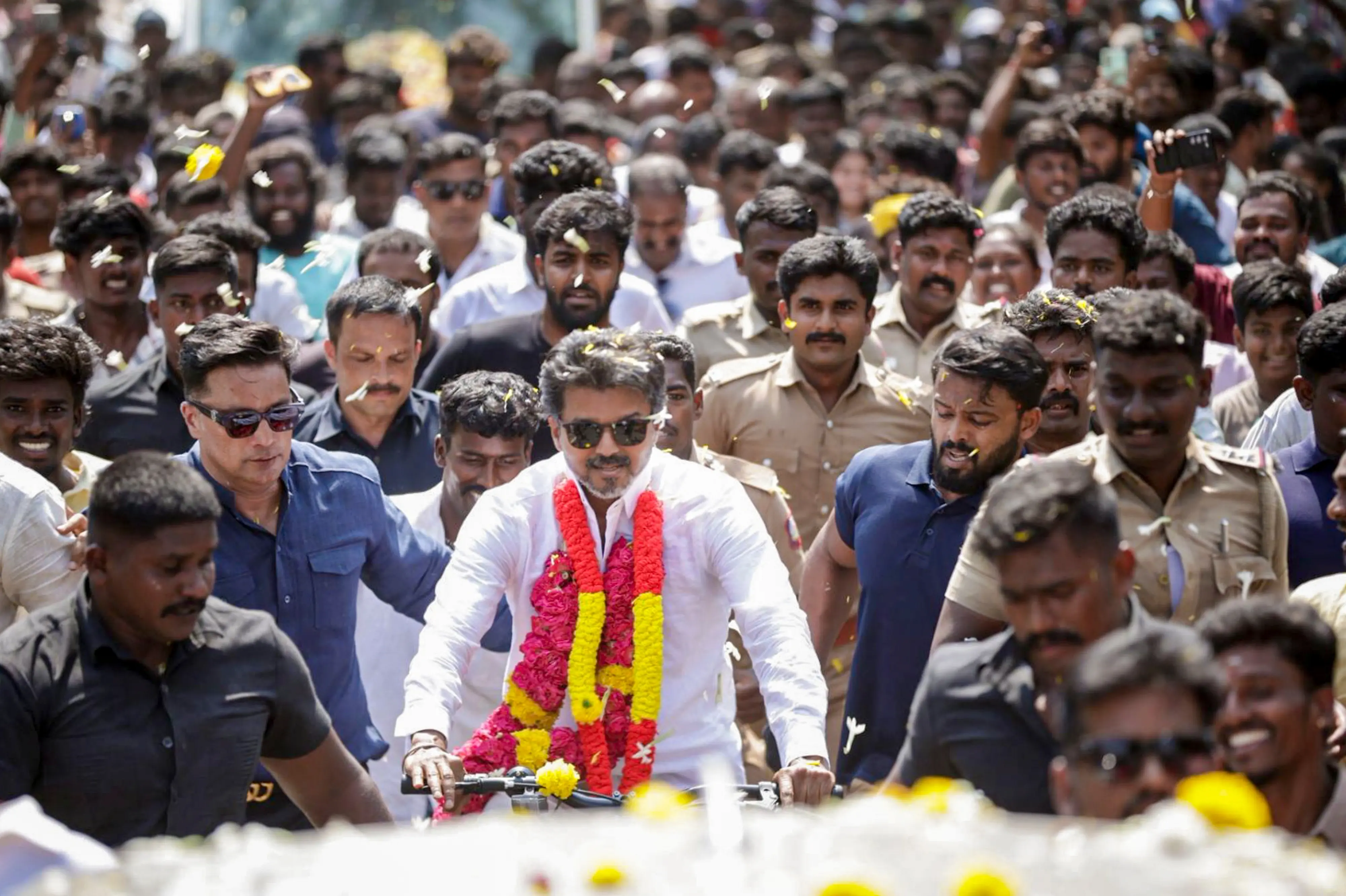 Tamilaga Vettri Kazhagam (TVK) chief Vijay campaigns during an election rally at Karaikudi | PTI