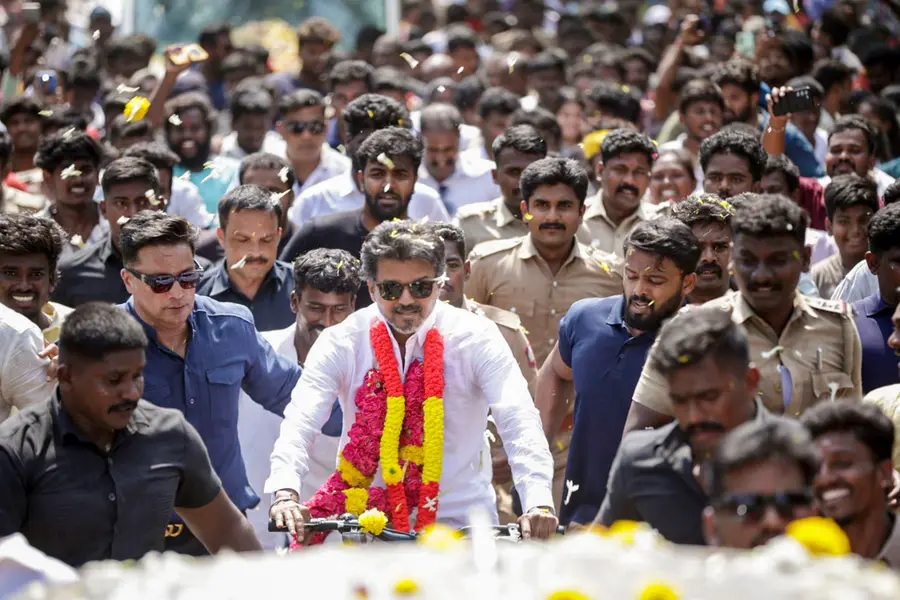 Tamilaga Vettri Kazhagam (TVK) chief Vijay campaigns during an election rally at Karaikudi