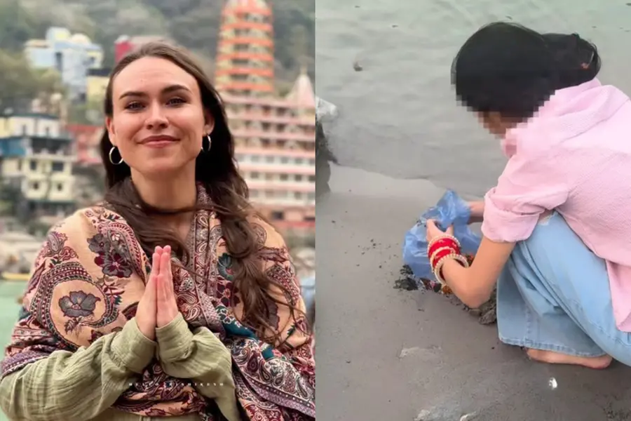 US vlogger Sierra Lillian looking disappointed while recording a woman dumping religious waste into the Ganges river in Rishikesh.