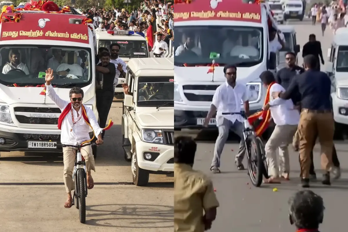 വിജയ് റോഡ് ഷോയില് സൈക്കിള് ഓടിക്കുന്നു, ആരാധകന് പൂക്കള് എറിഞ്ഞതിനെത്തുടര്ന്ന് സൈക്കിളില്നിന്ന് ഇറങ്ങി വാഹനത്തിലേക്ക് പോകുന്ന വിജയ് | Photo: PTI, Screen grab/ YouTube: Trend Talks