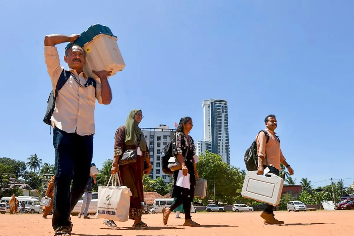 Polling officials after collecting election materials from a distribution centre, leave for their respective booths on the eve of voting in the Kerala Assembly elections, in Kozhikode, Wednesday, April 8, 2026 (Photo: PTI)