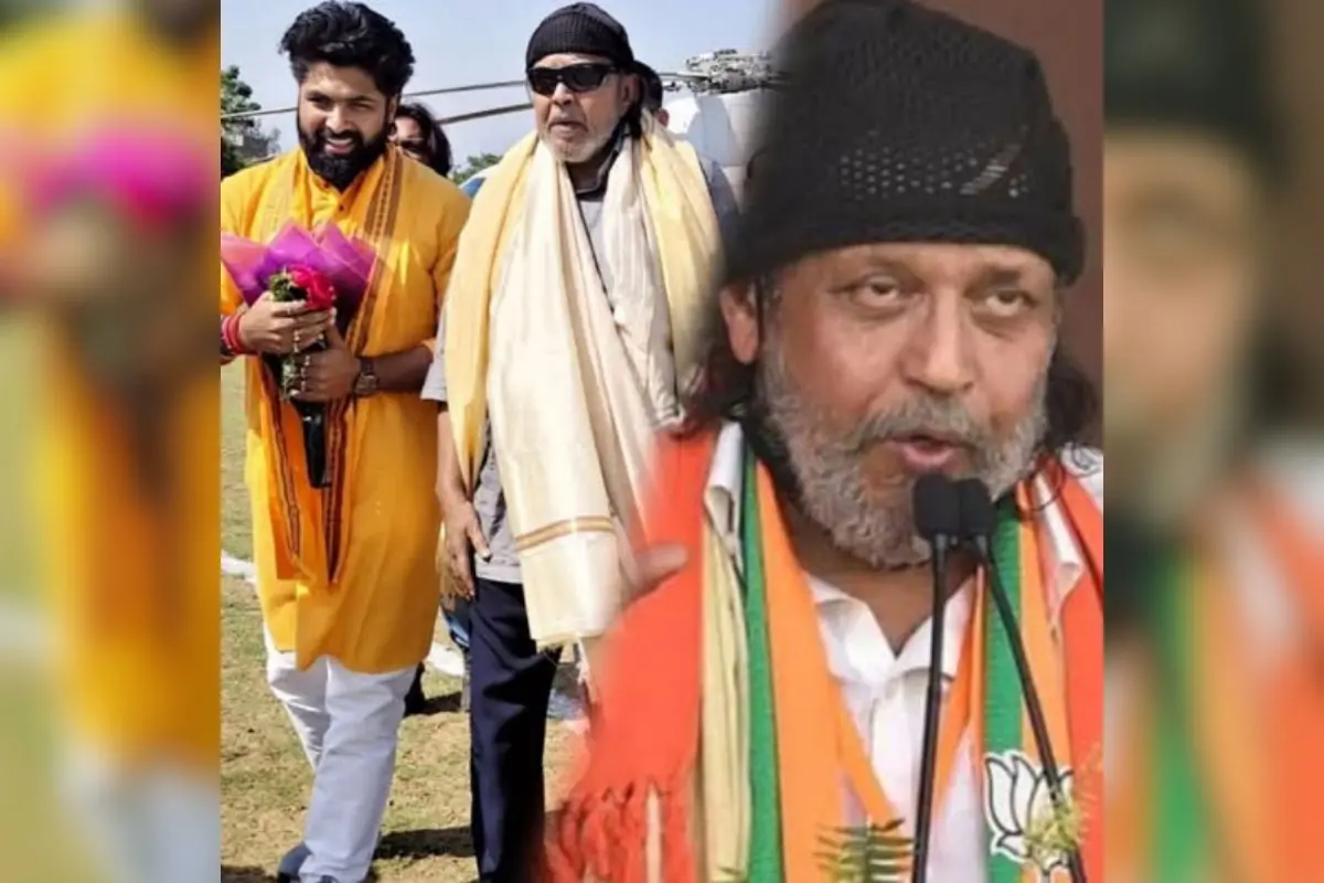 Mithun Chakraborty (R) during the BJP roadshow in Barabani, West Burdwan, where a constable tragically died after falling ill while on duty.