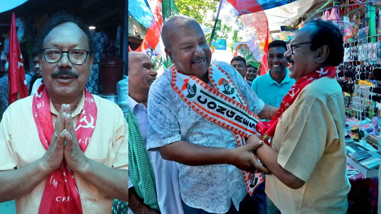 മതിഗര-നക്സല്ബാരി മണ്ഡലത്തിലെ സിപിഎം സ്ഥാനാര്ഥി ഝാരേന് റോയ്. കോണ്ഗ്രസ് സ്ഥാനാര്ഥി അമിതാവ് സര്ക്കാരിനൊപ്പം ഝാരേന് റോയ്. | ചിത്രങ്ങൾ: സാബു സ്കറിയാച്ചൻ, മാതൃഭൂമി