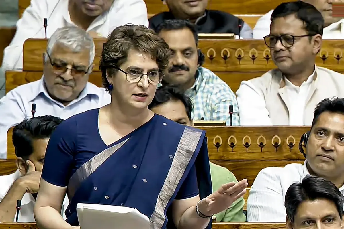 Congress MP Priyanka Gandhi Vadra speaks in the Lok Sabha during the Special session of Parliament, in New Delhi.| Photo: ANI