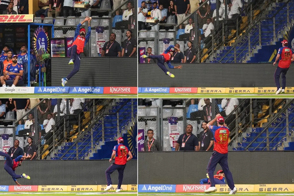 In this combo image, Punjab Kings' captain Shreyas Iyer attempts a catch of Mumbai Indians' captain Hardik Pandya and passes it to Punjab Kings' Xavier Bartlett