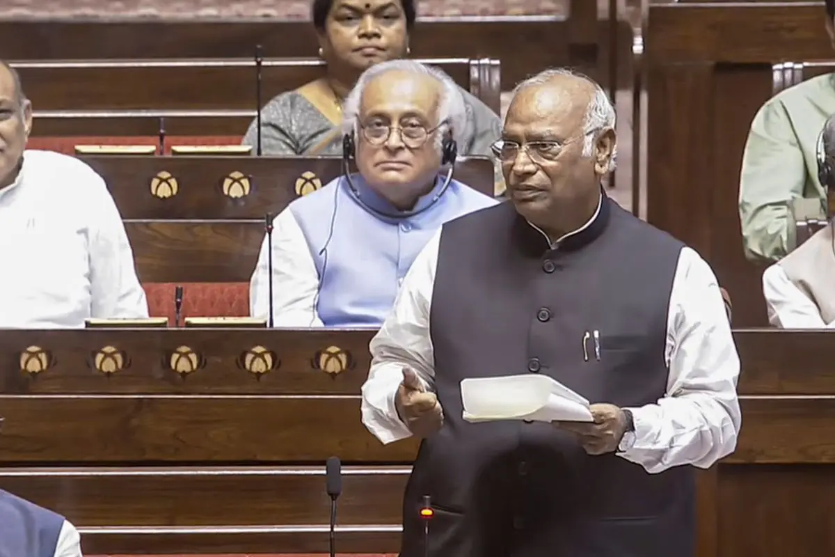 LoP in the Rajya Sabha Mallikarjun Kharge speaks in the House during the Special session of Parliament, in New Delhi, Friday, April 17, 2026. (Sansad TV via PTI Photo)