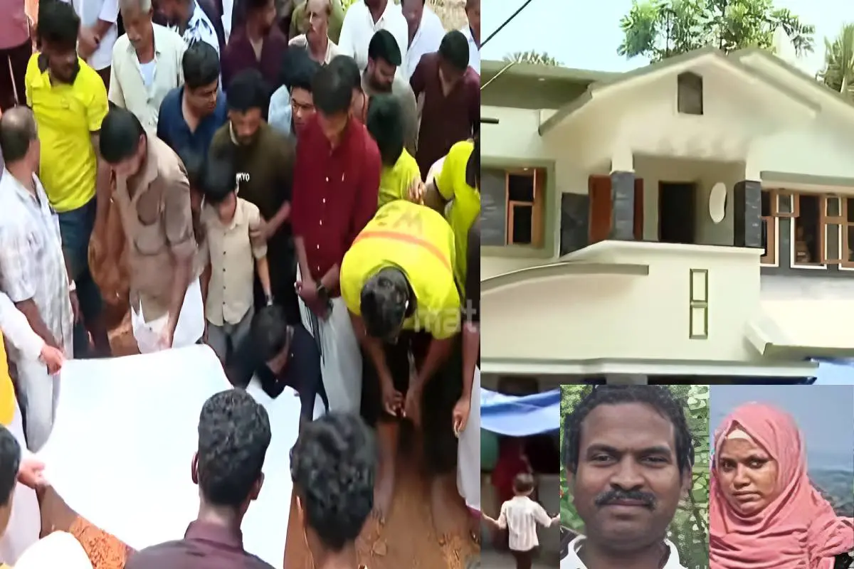 കബറടക്കച്ചടങ്ങില്നിന്നുള്ള ദൃശ്യം(ഇടത്ത്) മജീദ് മാഷിന്റെ പുതിയ വീട്(വലത്ത്) ഇന്സെറ്റില് മജീദ് മാഷ്, ഭാര്യ റുഖിയ | Screengrab: Mathrubhumi News