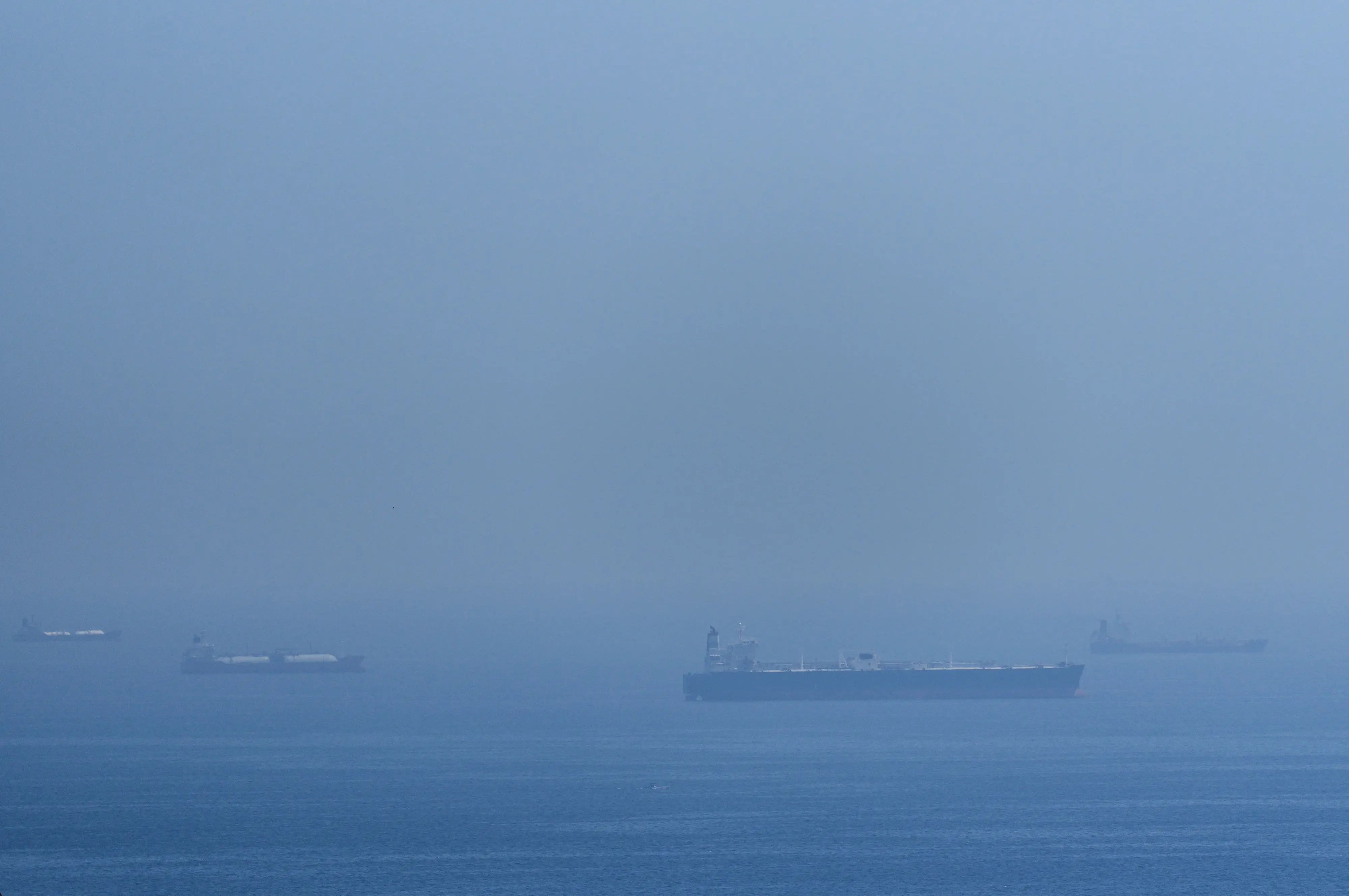 Tankers and gas carriers anchored in the Strait of Hormuz, Saturday, April 18, 2026. (AP Photo)