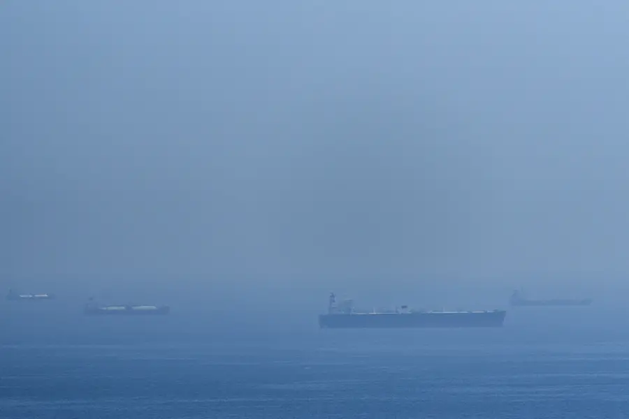 Tankers and gas carriers anchored in the Strait of Hormuz